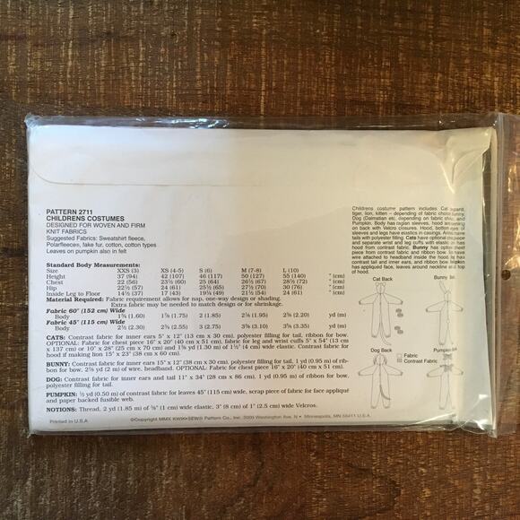 KWIK SEW Sewing Pattern 2711 Childrens Costume Pumpkin Rabbit Dog Cat 3-10 UNCUT - Picture 2 of 2